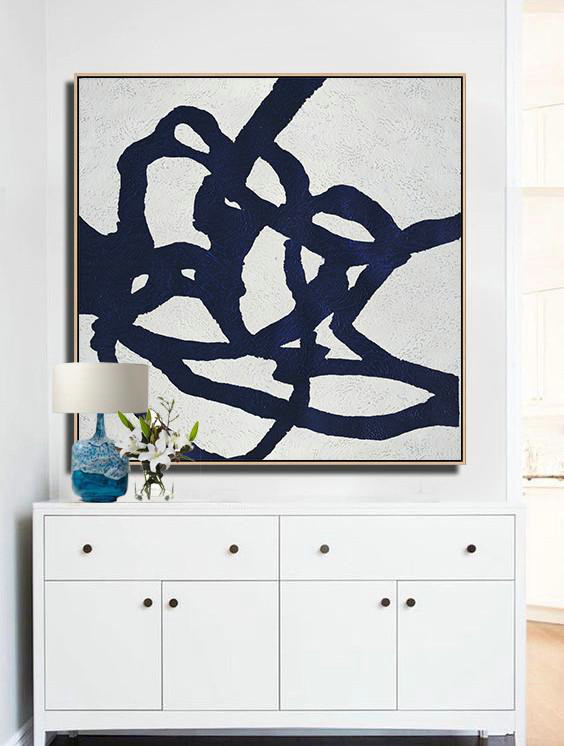 Abstract Painting Extra Large Canvas Art,Hand Painted Navy Minimalist Painting On Canvas,Huge Abstract Canvas Art
